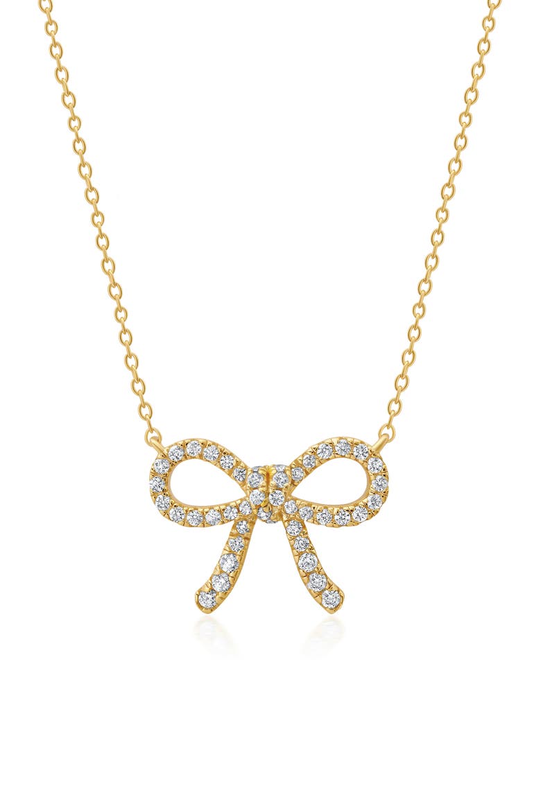 Fairy Tale Pavé Cubic Zirconia Bow Pendant Necklace, Main, color, 18KT YELLOW GOLD/ CLEAR STONE