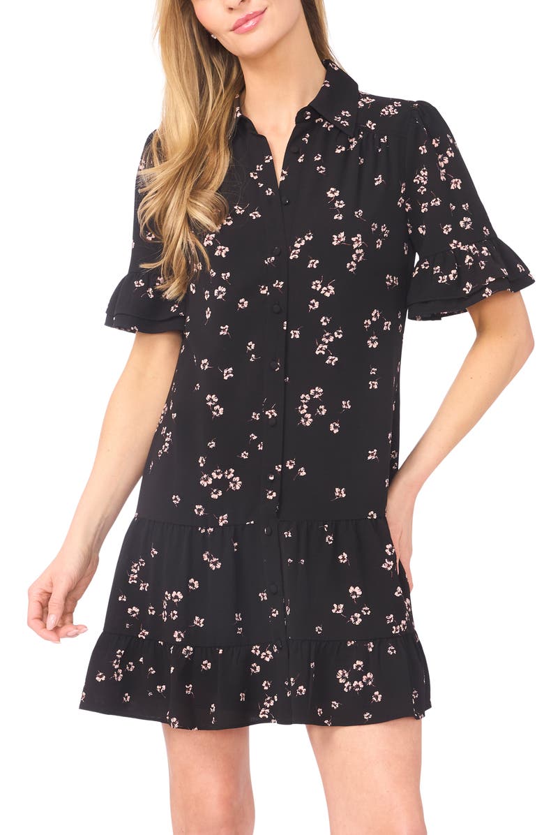 CeCe Floral Ruffle Sleeve Minidress, Alternate, color, Rich Black