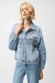 Joseph Ribkoff Denim Oversized Jacket With Pearls and Studs