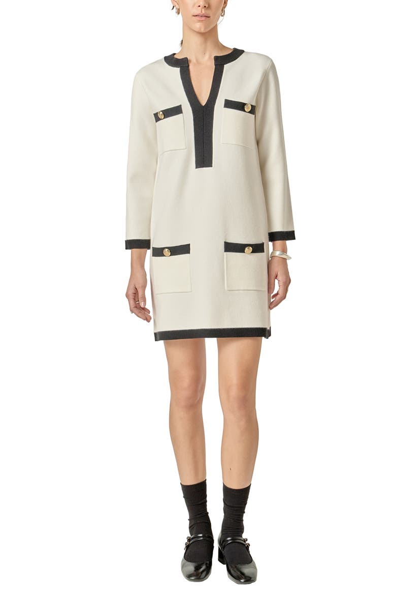 Contrast Detail Mini Sweater Dress, Main, color, WHITEBLACK