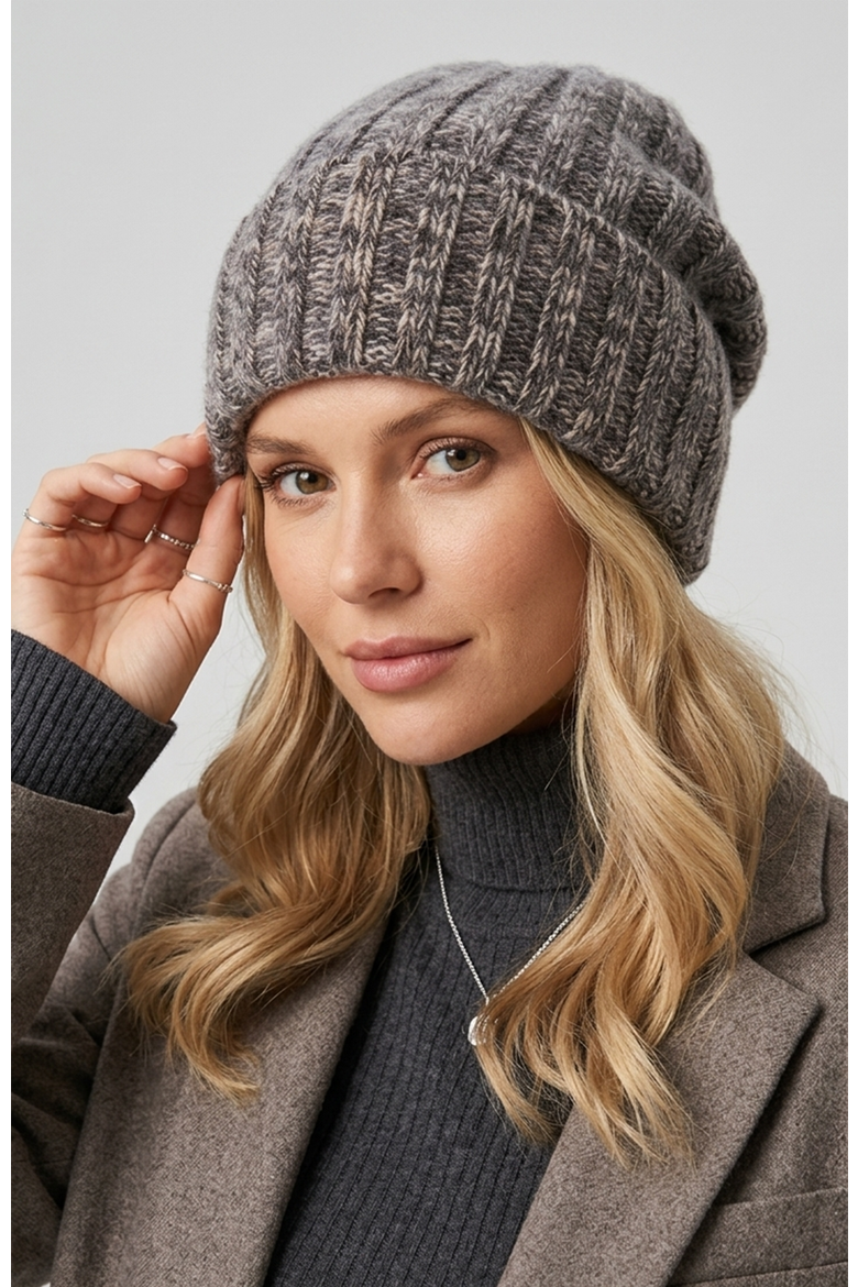 Cashmere tweeded chunky hat, Alternate, color, DARK GREY/POWDER PINK