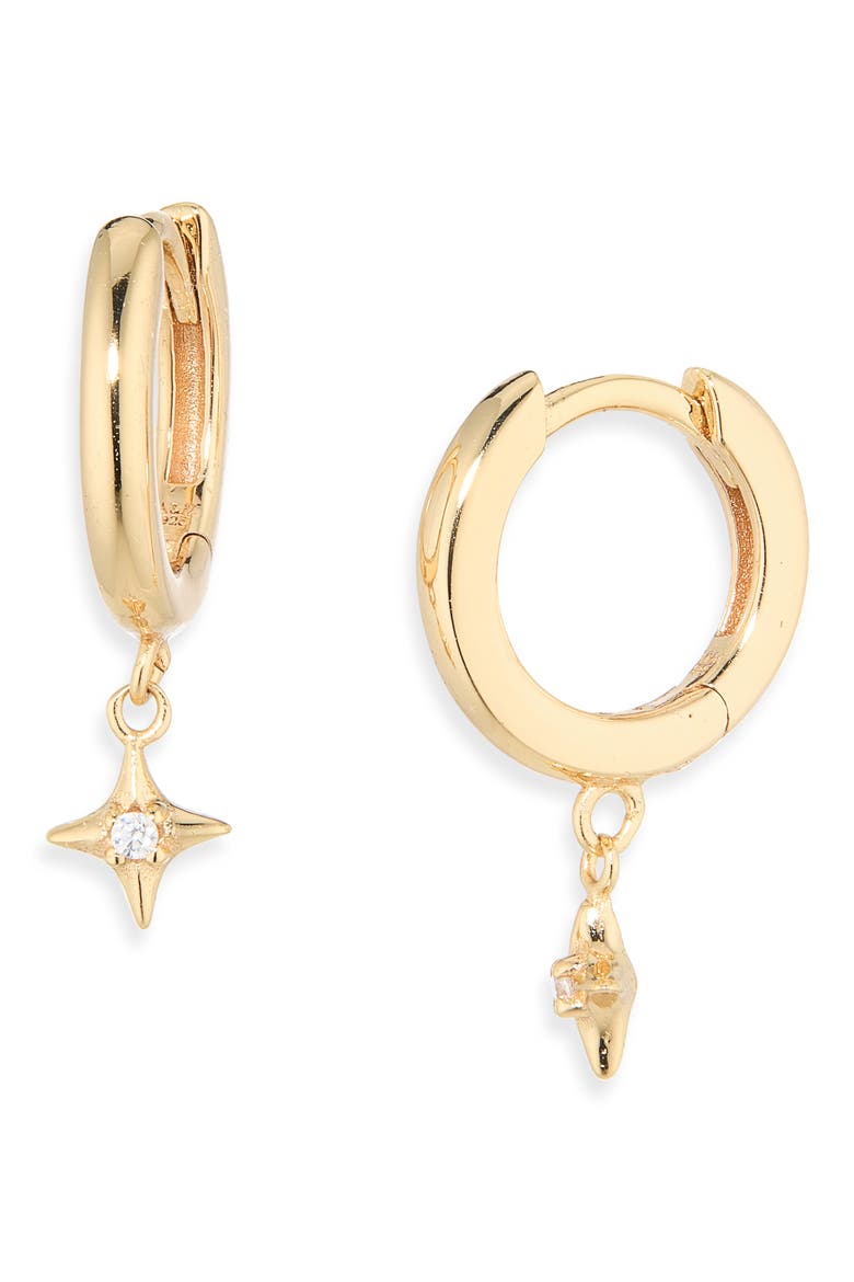 Cosmic Star Charm Cubic Zirconia Huggie Hoop Earrings, Main, color, GOLD