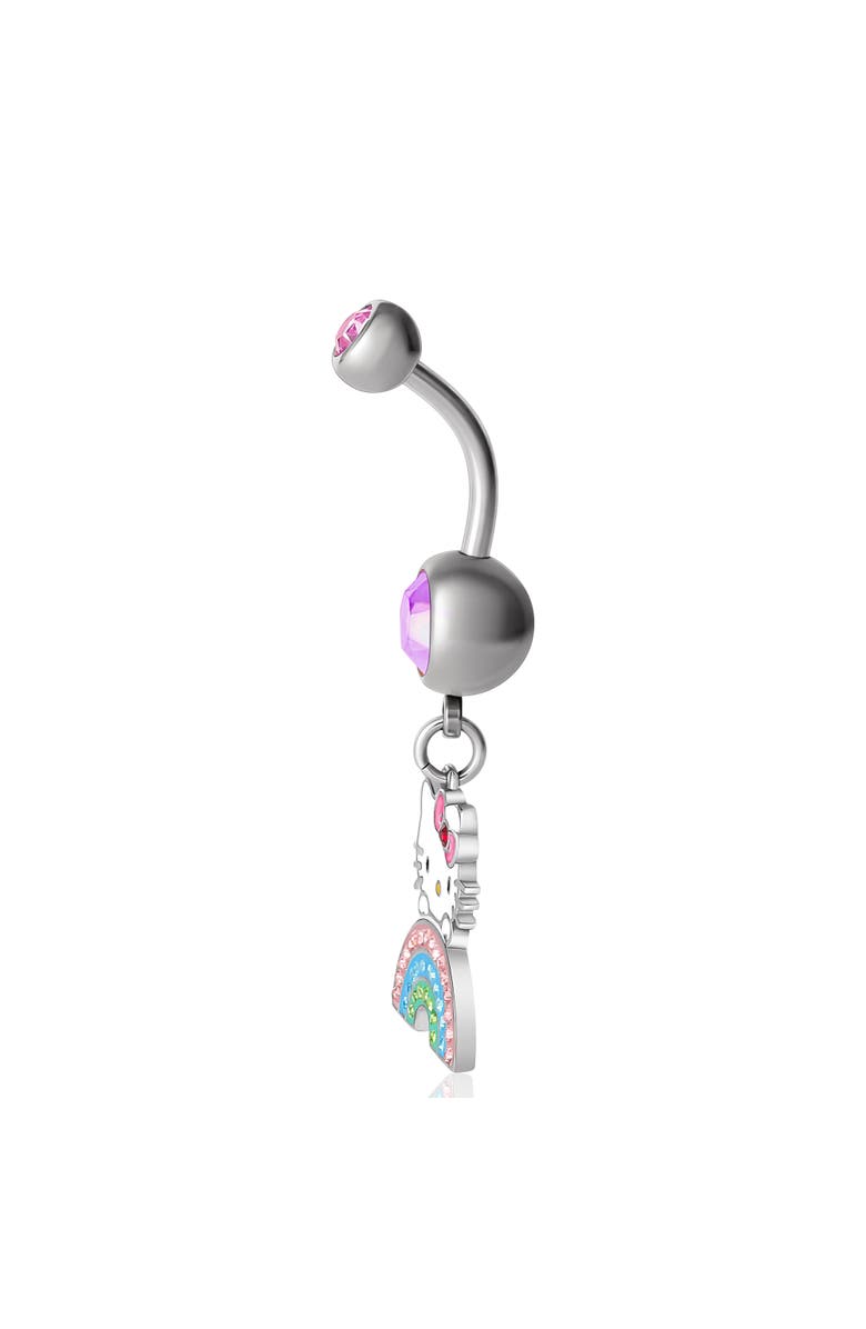 Hello Kitty 14G Stainless Steel Rainbow Crystal Dangle Belly Button Ring, Alternate, color, Silver, Multicolor