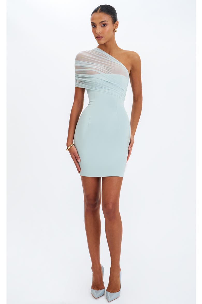 Phoebe One-Shoulder Ruched Mesh Mini Dress, Alternate, color, Mint
