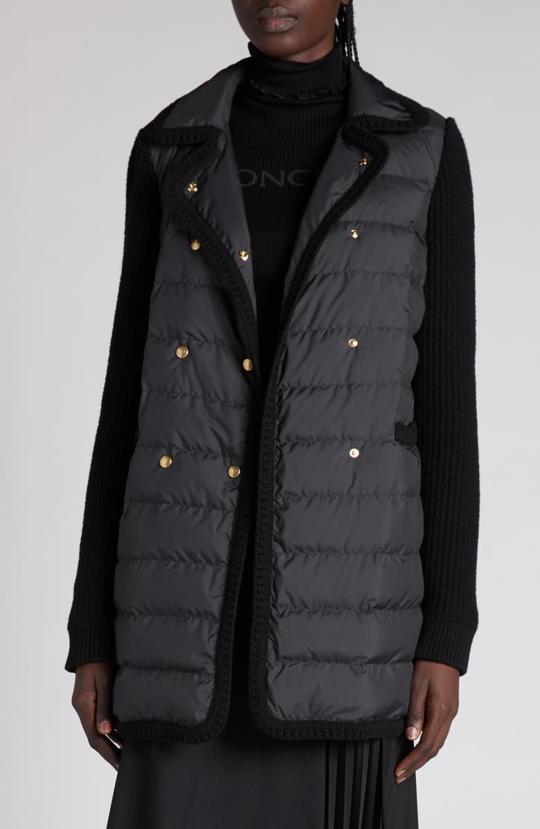 Moncler Double Breasted Knit & Quilted Down Longline Cardigan, Alternate, color, Black