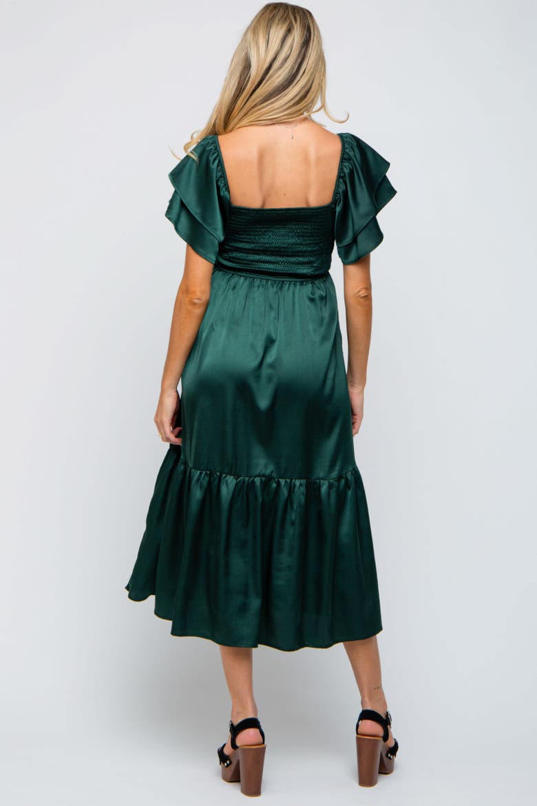 Satin Flutter Sleeve Midi Dress, Alternate, color, Forest Green