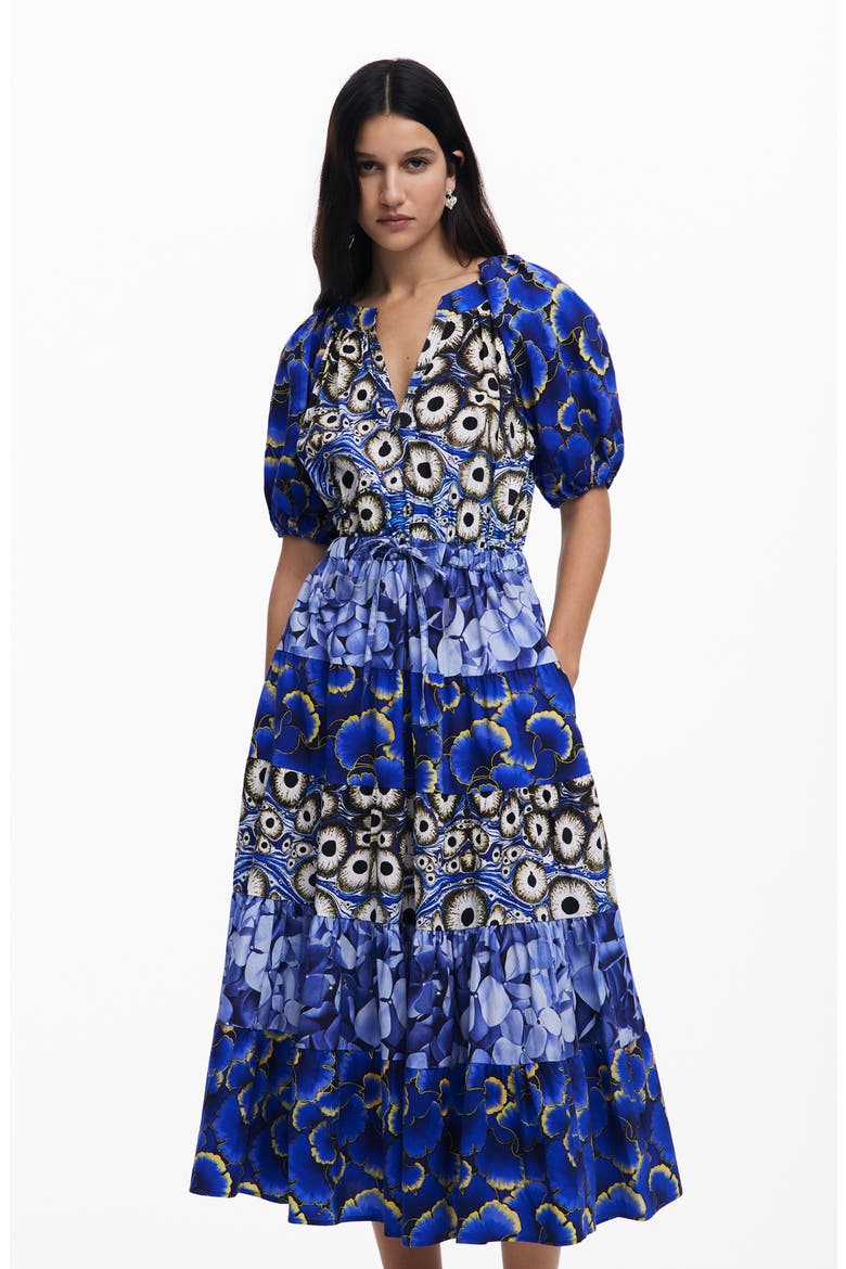 Mixed Print Tiered Midi Dress, Alternate, color, NAVY BLUE