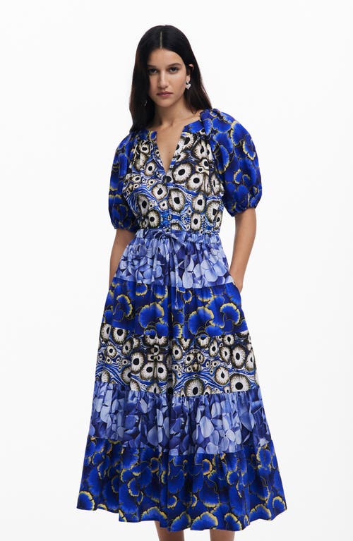 Desigual Mixed Print Tiered Midi Dress In Navy Blue