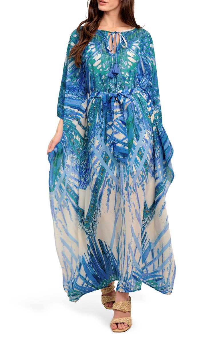 FLYING TOMATO Batwing Sleeve Caftan Maxi Dress, Main, color, Blue Multi