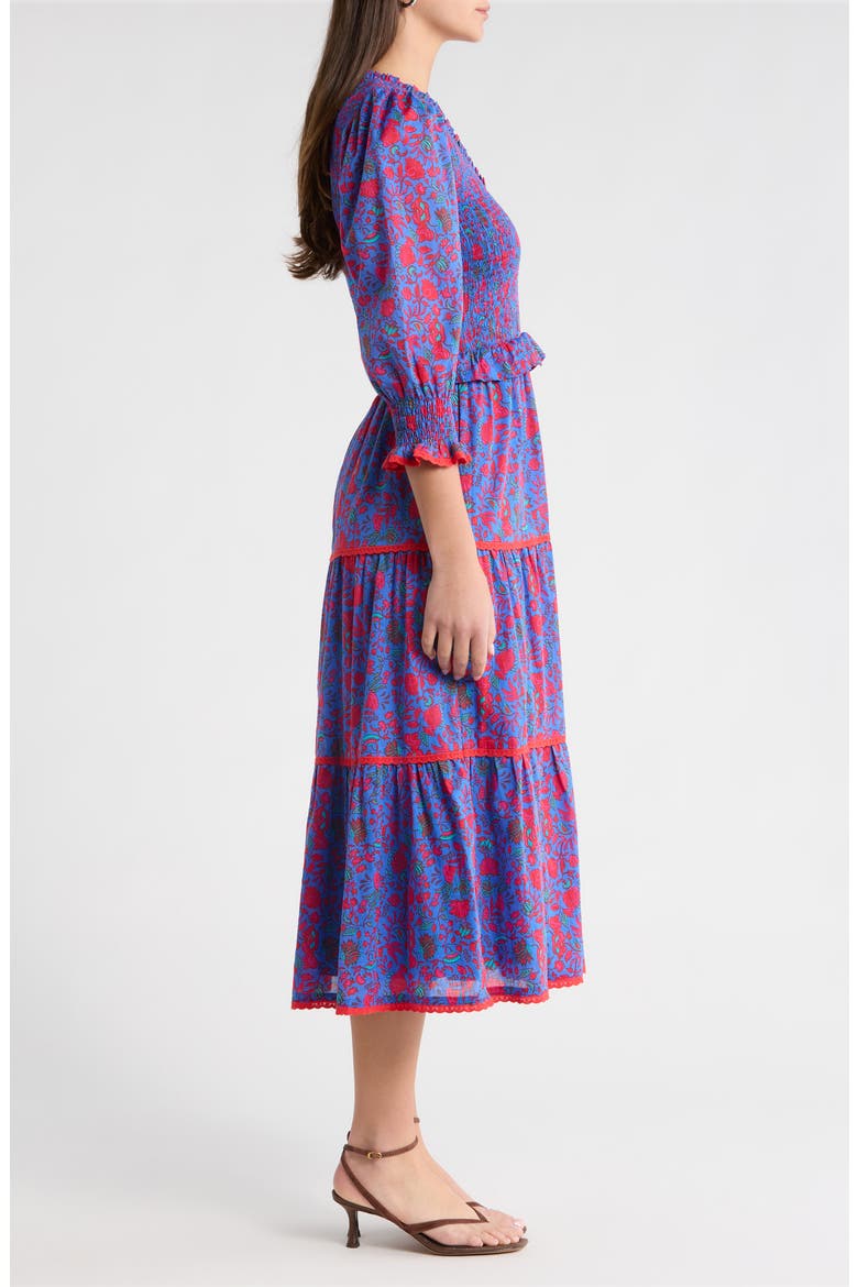 Tanya Floral Print Long Sleeve Smocked Dress, Alternate, color, BLUE-FUCHSIA