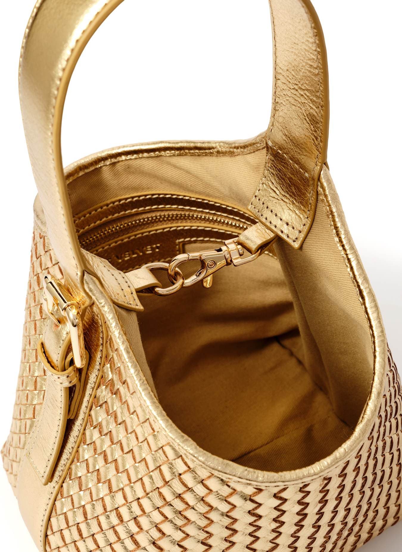 MINT VELVET Lola Gold Leather Woven Bucket Bag, Alternate, color, Gold