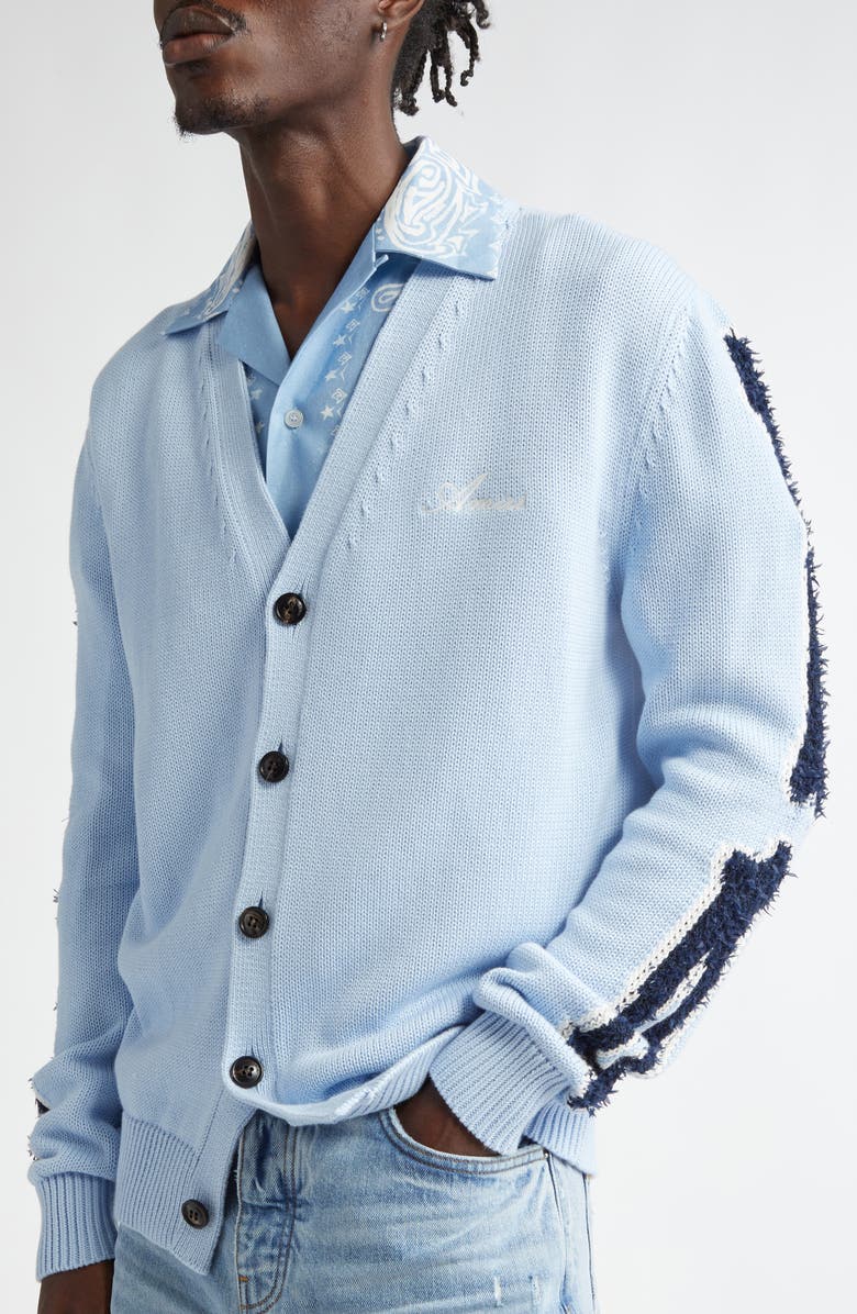 AMIRI Bones Cotton Blend Cardigan, Alternate, color, Cerulean