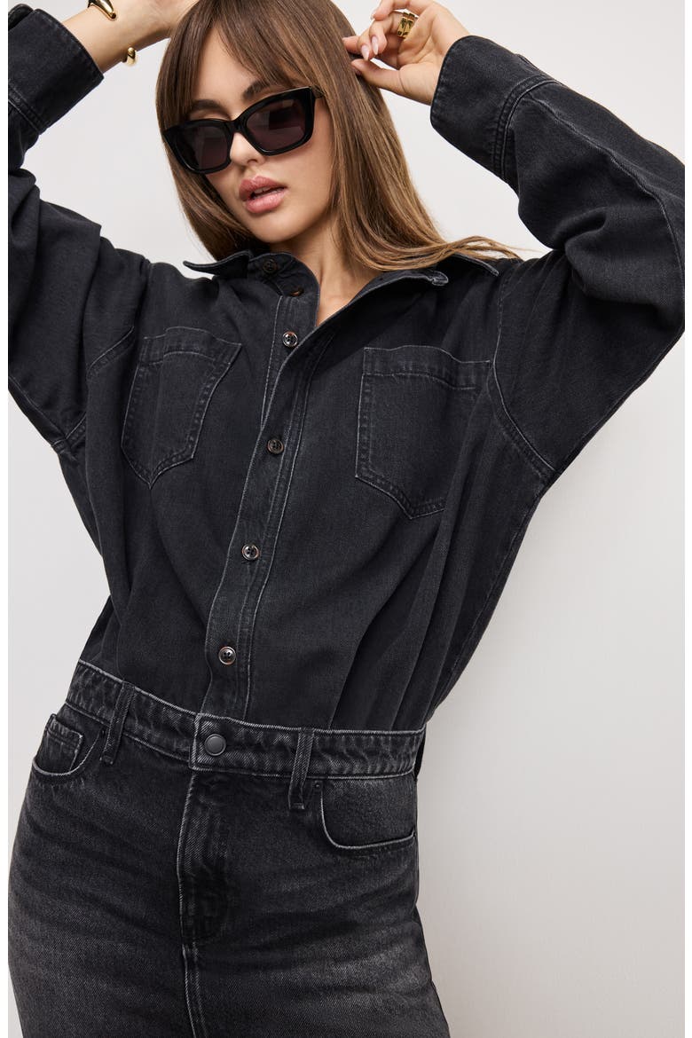 Denim Long Sleeve Mini Shirtdress, Alternate, color, BLACK389