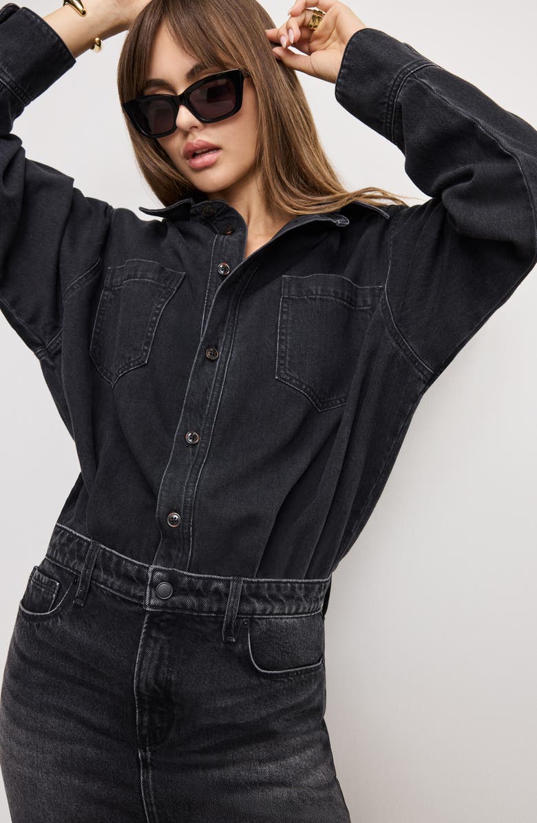 Good American Denim Long Sleeve Mini Shirtdress, Alternate, color, Black389