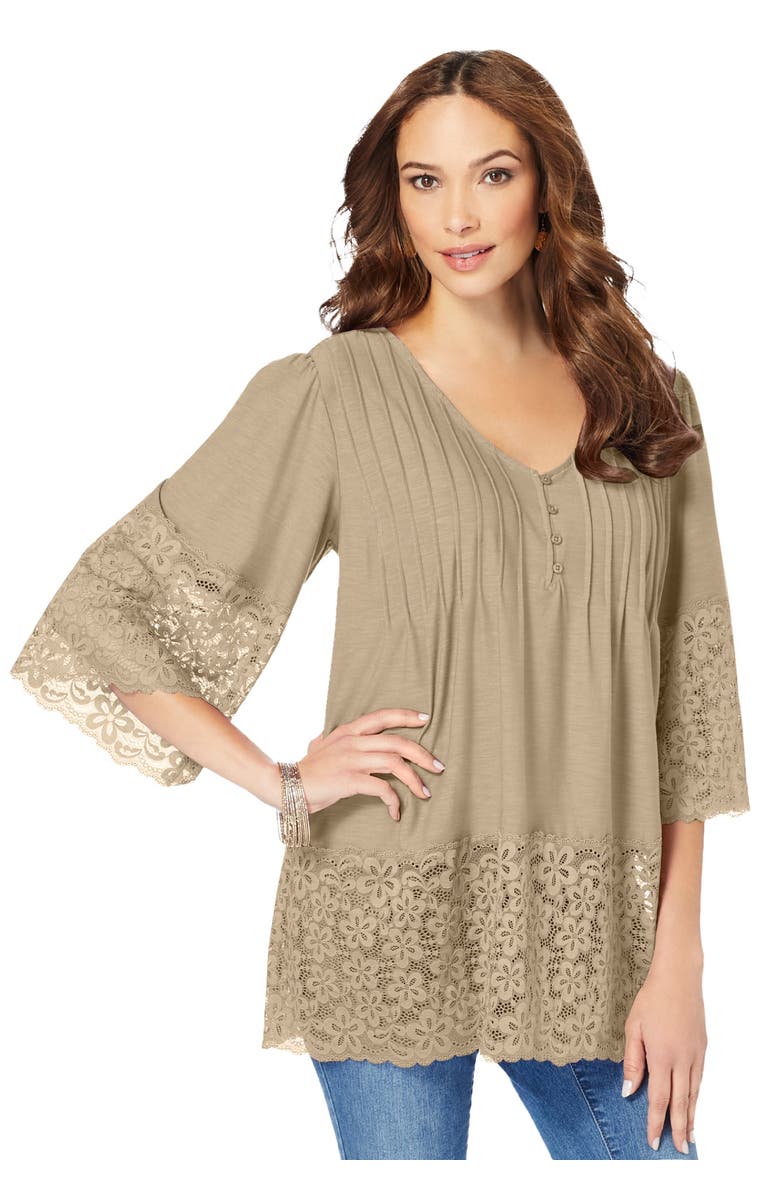 Roaman's Lace-Hem Pintuck Tunic, Main, color, Sandy Beige