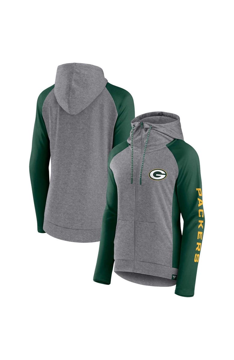 FANATICS Women's Fanatics Branded  Heather Gray/College Green Green Bay Packers Blind Side Lightweight Full-Zip Hoodie, Main, color, 