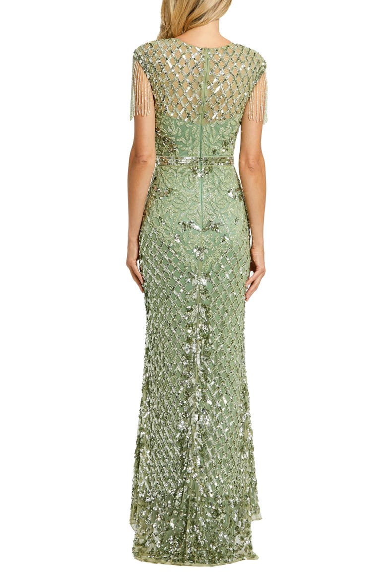 Women's High Neck Beaded Fringe Fitted Gown, Alternate, color, SAGE