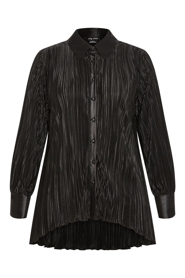 Andi High-Low Plissé Button-Up Shirt, Alternate, color, BLACK