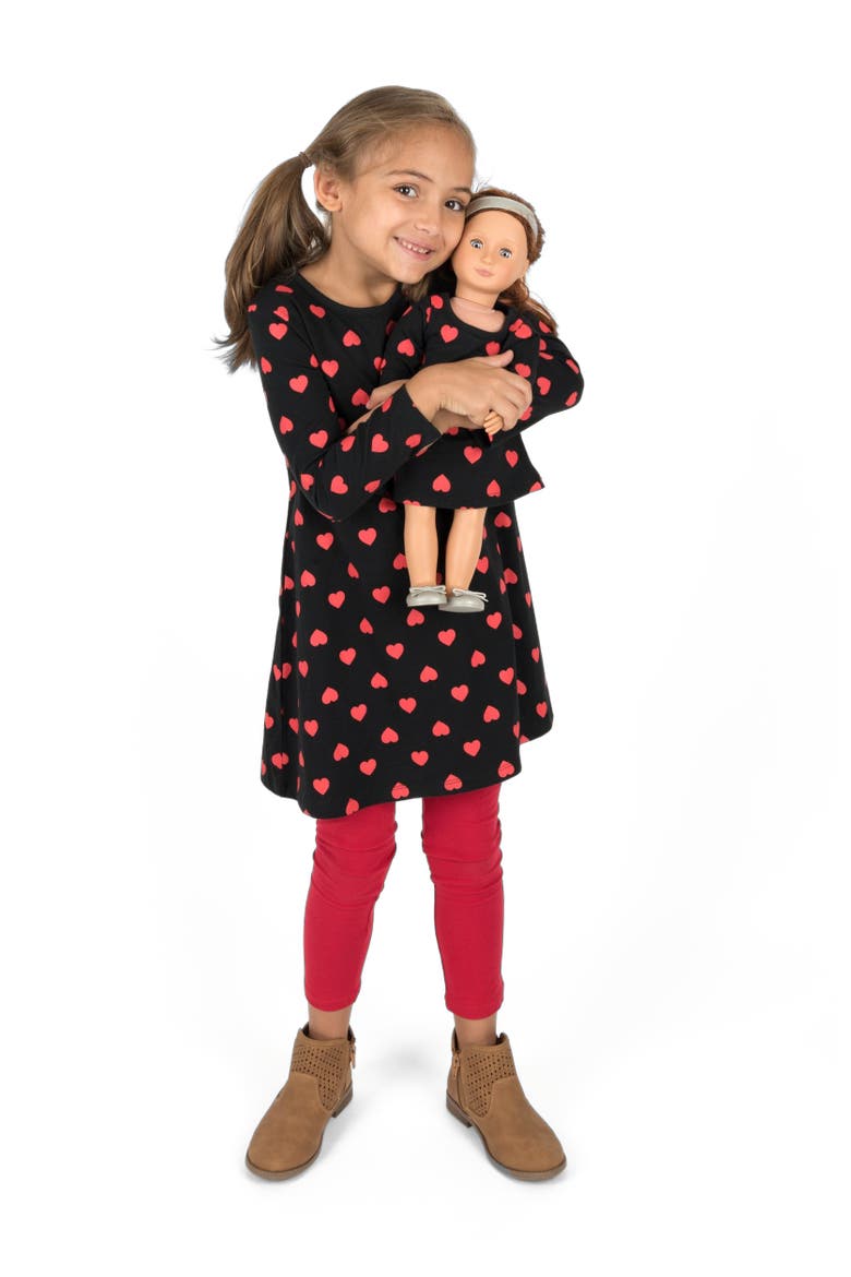 Girls Cotton Dress with Matching Doll Dress, Printed Design, Alternate, color, HEARTS