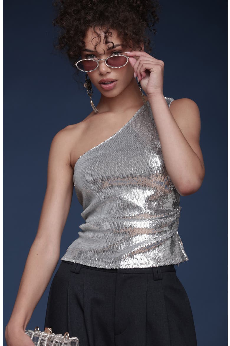 One-Shoulder Sequin Tank Top, Alternate, color, SILVER