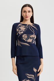 Ming Wang Floral Jacquard Soft Knit Top
