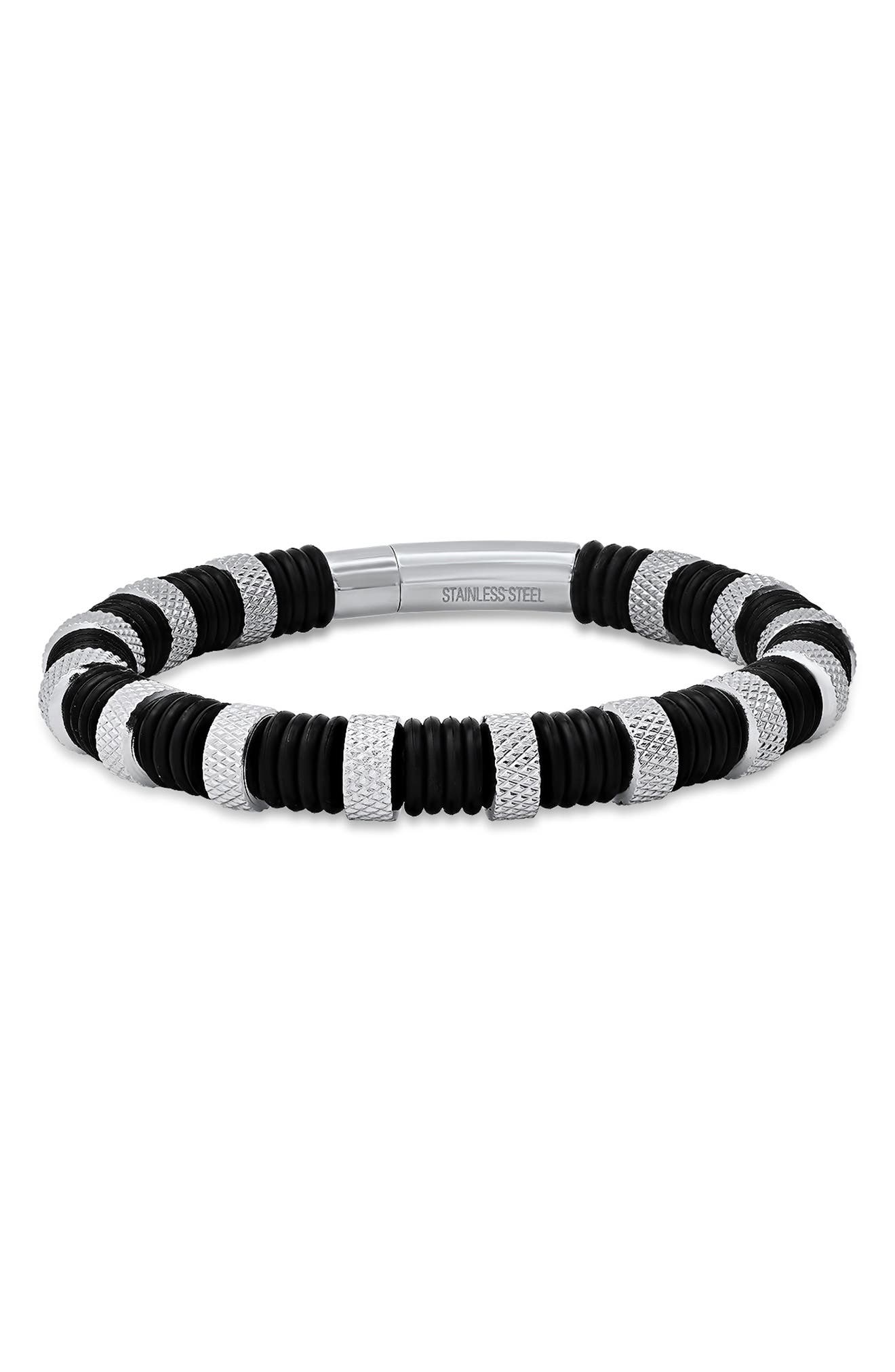 HMY JEWELRY Men's Black Rubber & Stainless Steel Bracelet