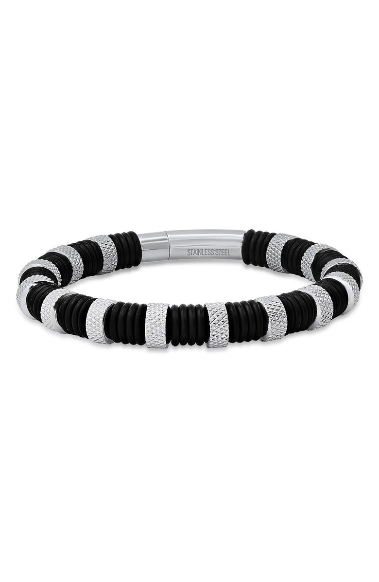 HMY JEWELRY Men's Black Rubber & Stainless Steel Bracelet, Main, color, Two Tone Black