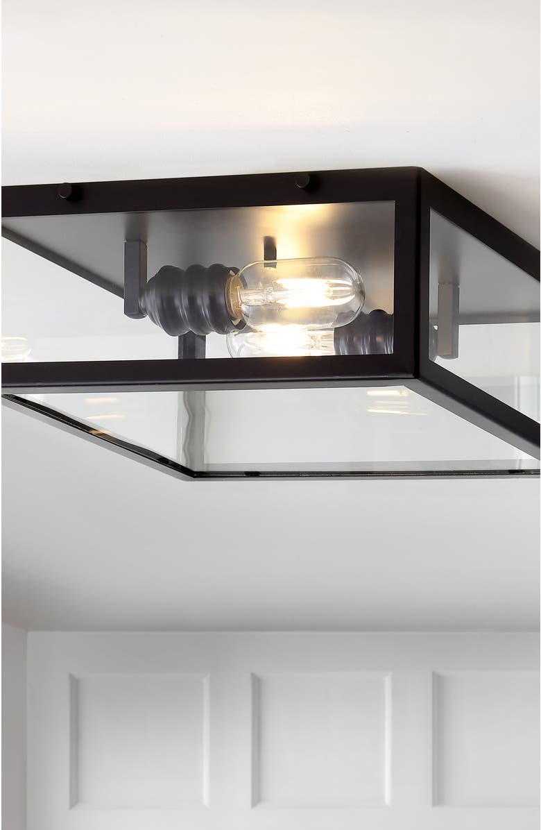 JONATHAN Y Grayson 2-Light Bohemian Farmhouse Iron/Glass LED Flush Mount, Alternate, color, Oil Rubbed Bronze / Clear