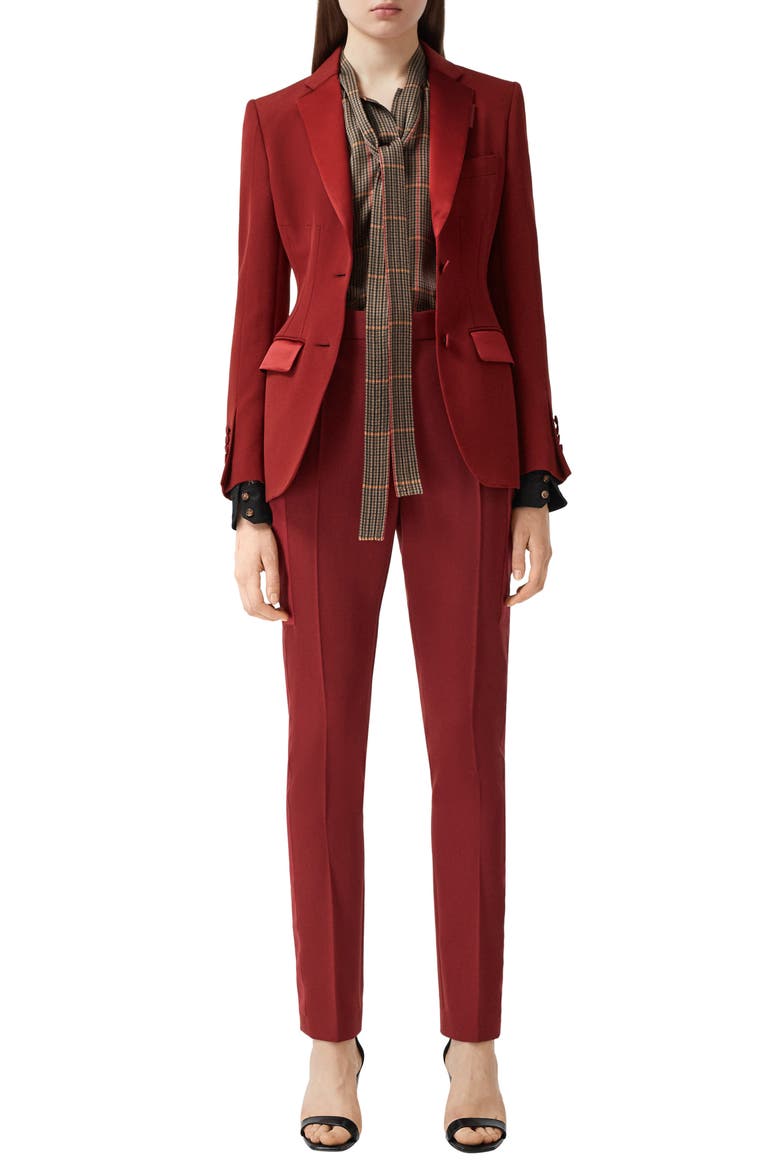 Otelia Satin Trim Wool Tuxedo Jacket, Alternate, color, DARK CARMINE
