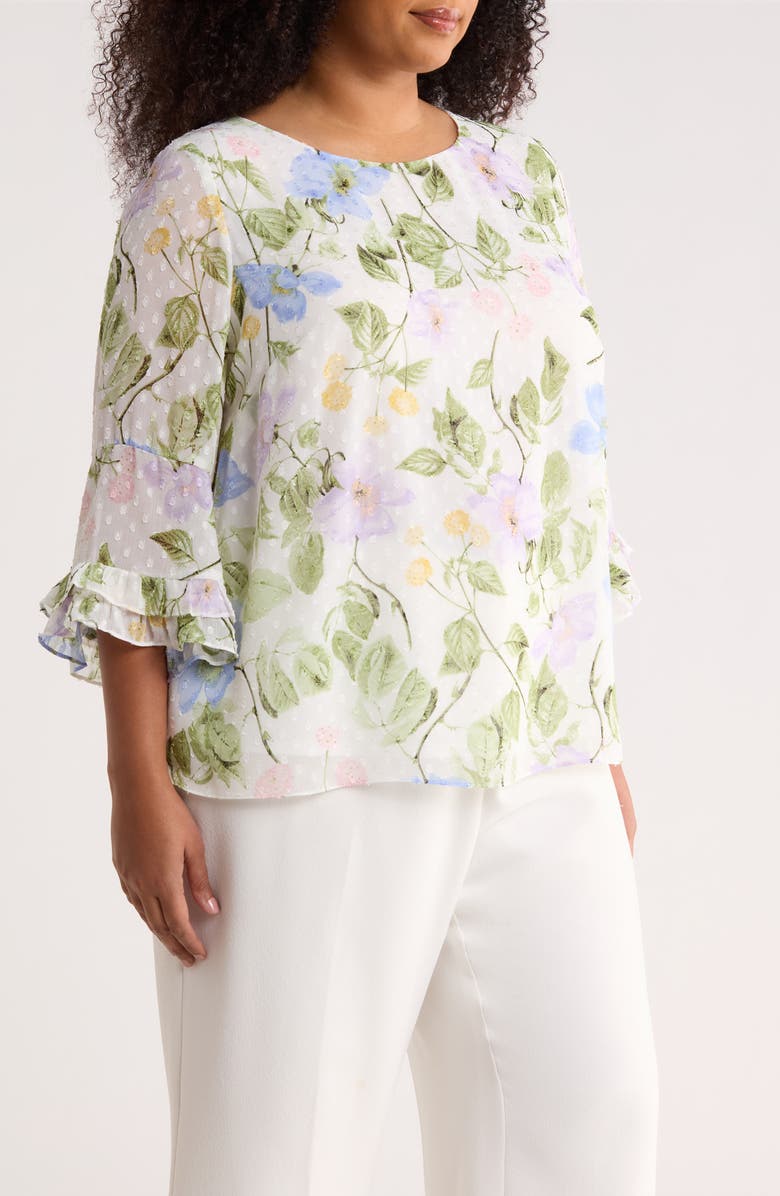KASPER Floral Print Ruffle Sleeve Shirt, Alternate, color, Lily White Multi