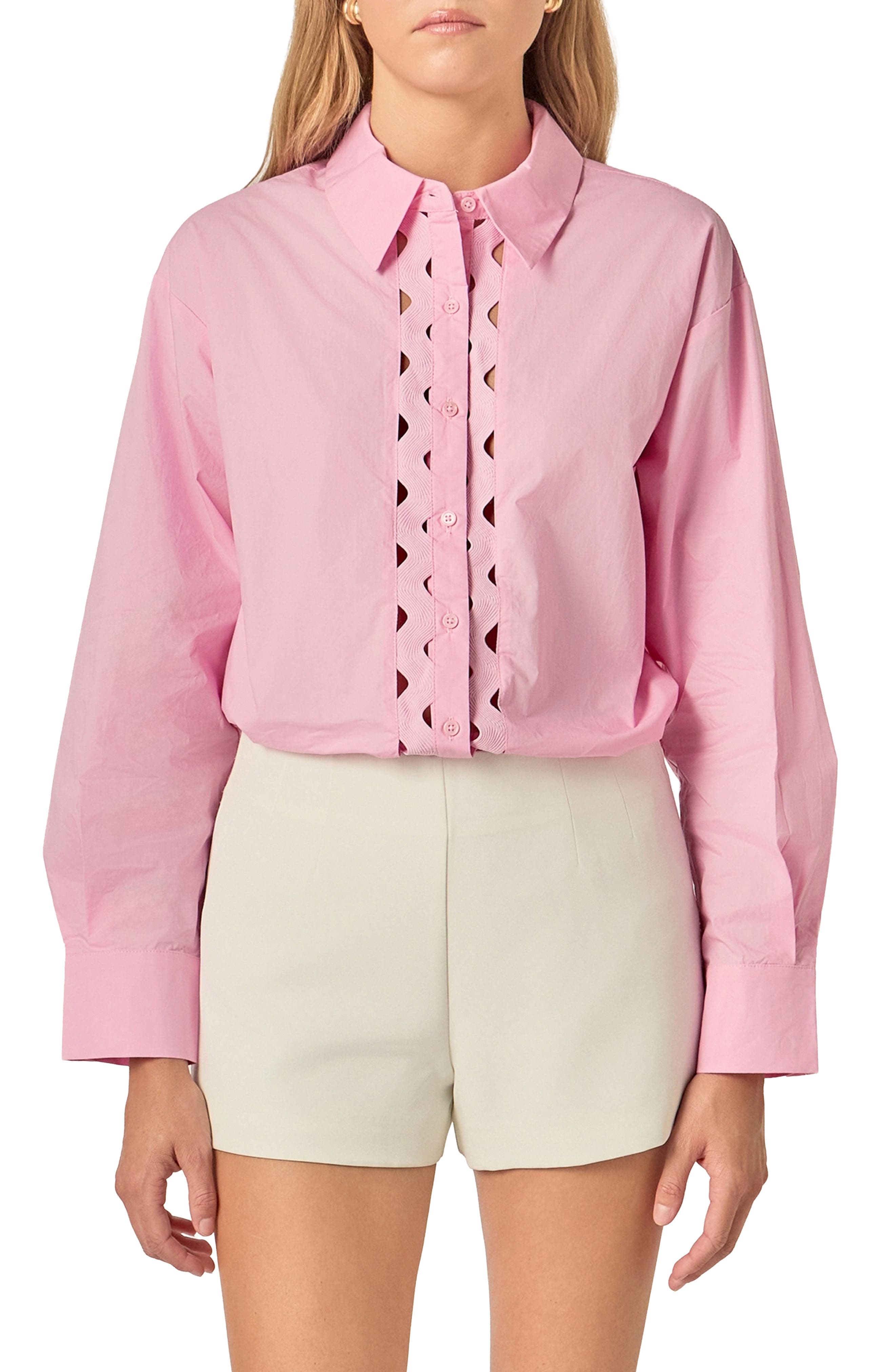 Oversize Rickrack Trim Long Sleeve Button-Up Shirt