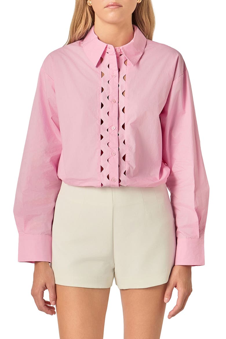 Oversize Rickrack Trim Long Sleeve Button-Up Shirt, Main, color, PINK