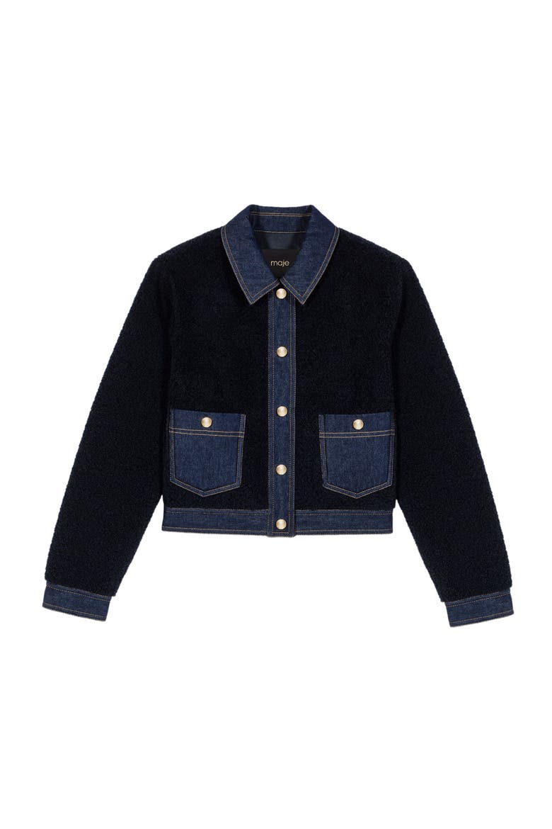 Bouclé and denim-detail jacket, Alternate, color, Navy