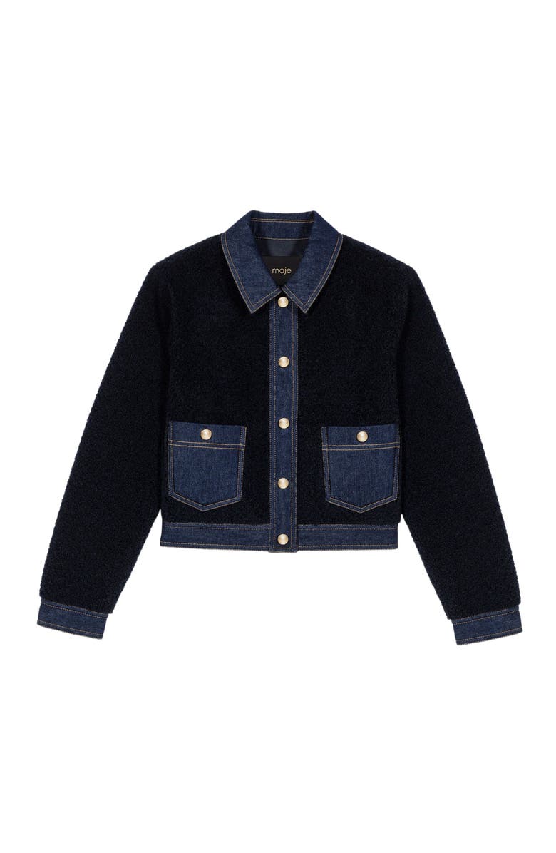 maje Bouclé and denim-detail jacket, Alternate, color, Navy