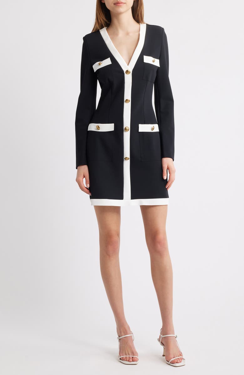Chiara Boni La Petite Robe Toluke Bicolor Long Sleeve Minidress, Main, color, Black + White