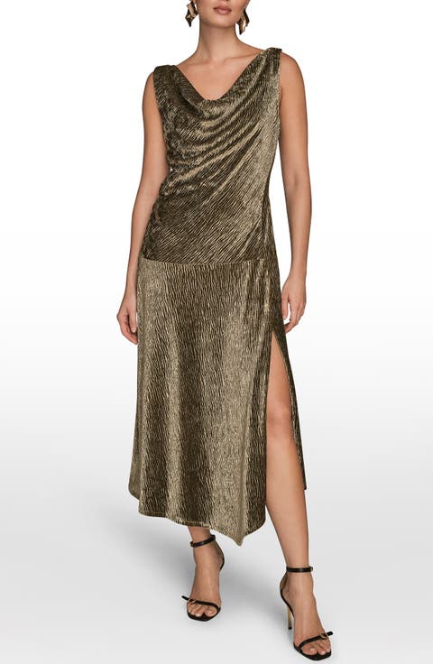 Cowl Neck Sleeveless Velvet Midi Cocktail Dress