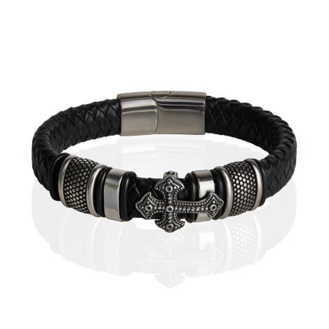 Black Cross Bracelet for Men, Stainless Steel Faith Bracelet - 8.5''