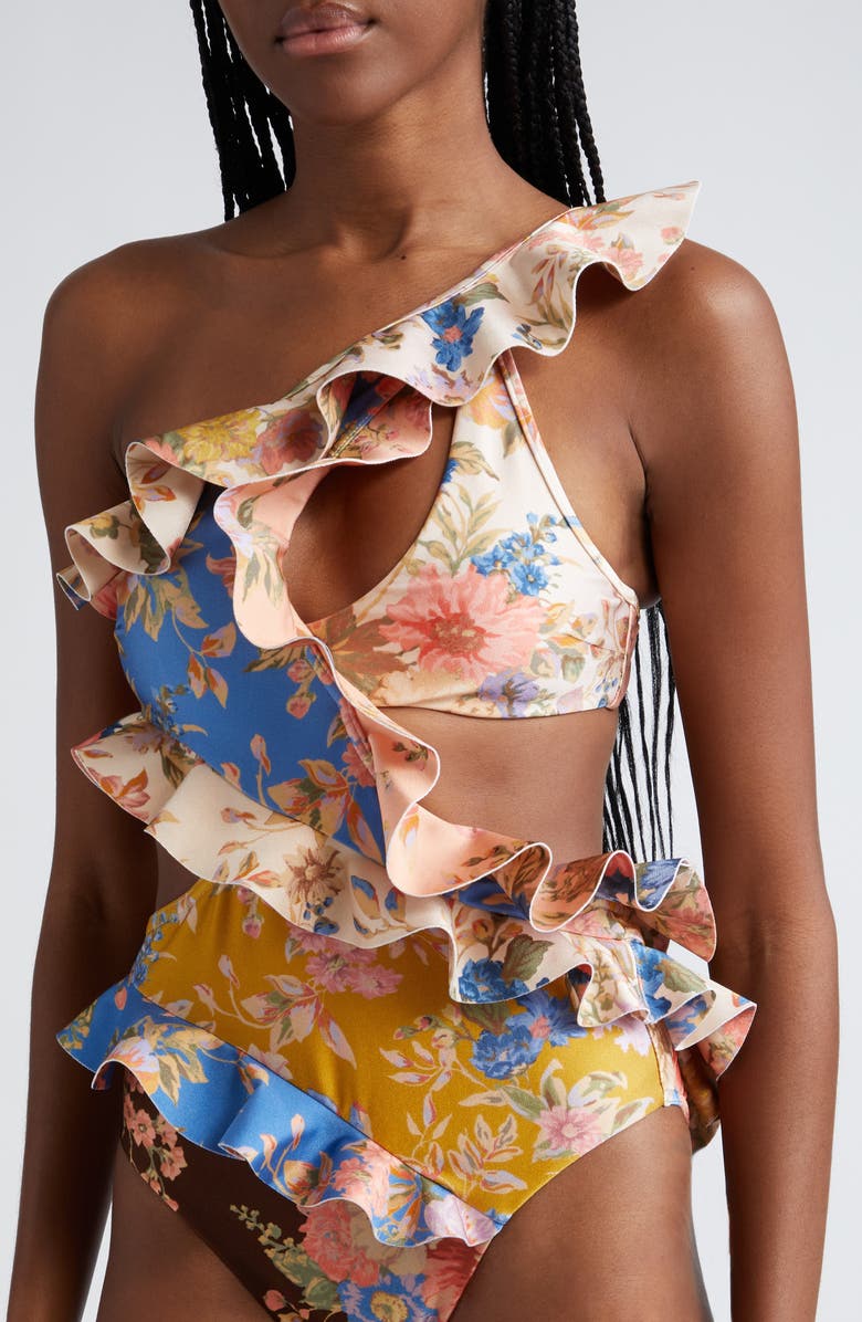 Zimmermann August Asymmetric Ruffle Cutout One-Shoulder One-Piece Swimsuit, Alternate, color,