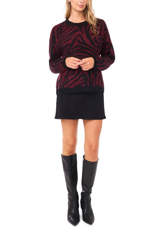 Vince Camuto Zebra Jacquard Crewneck Sweater In Burgundy