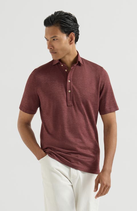 Virgin wool, silk and cotton piqué polo shirt with spread collar