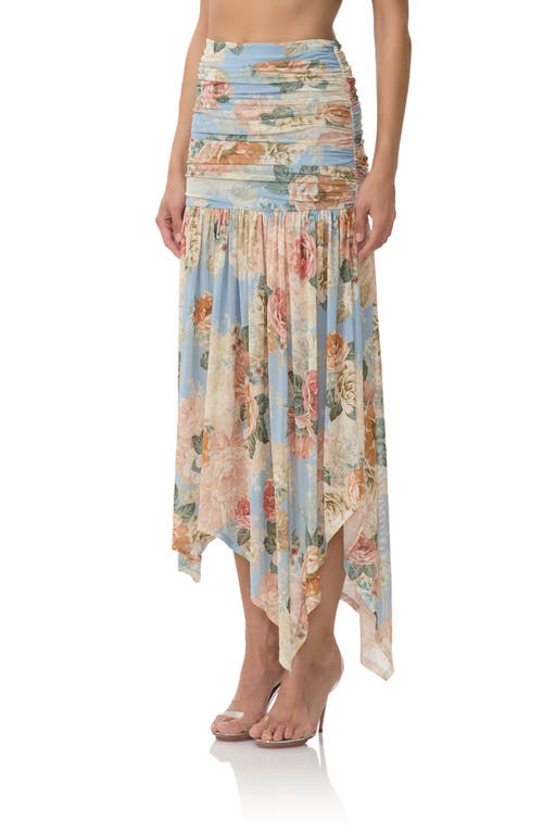 Afrm Estella Ruched Handkerchief Hem Midi Skirt In Blue