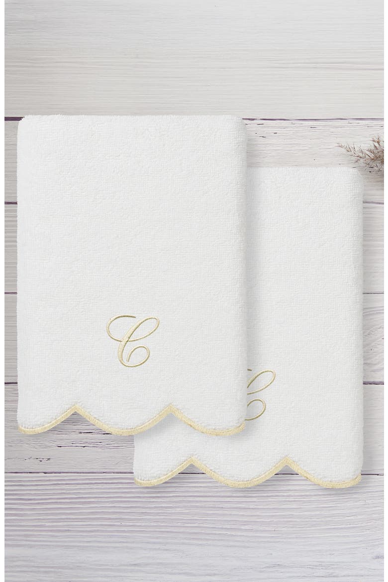 Adornia Scallop Set of 2 Monogrammed Hand Towels, Alternate, color, WHITE/ BEIGE C