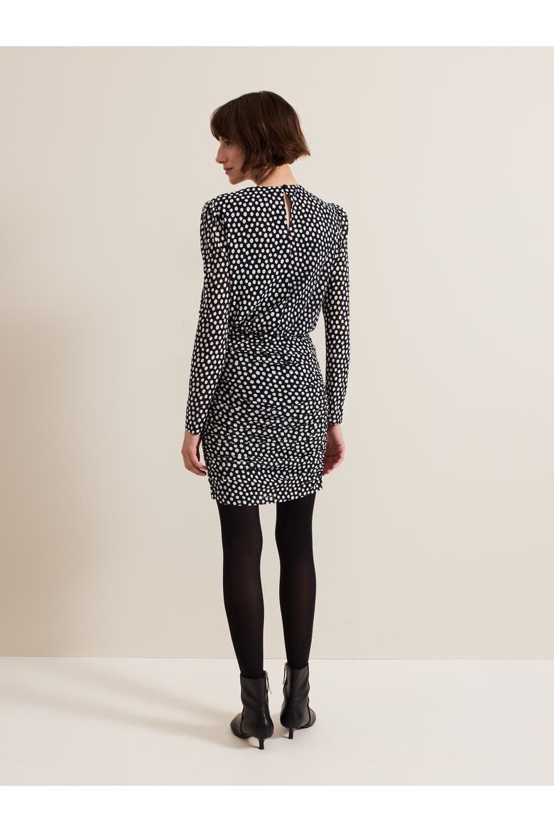 Teodroa Ruched Polka Dot Mini Dress, Alternate, color, Black