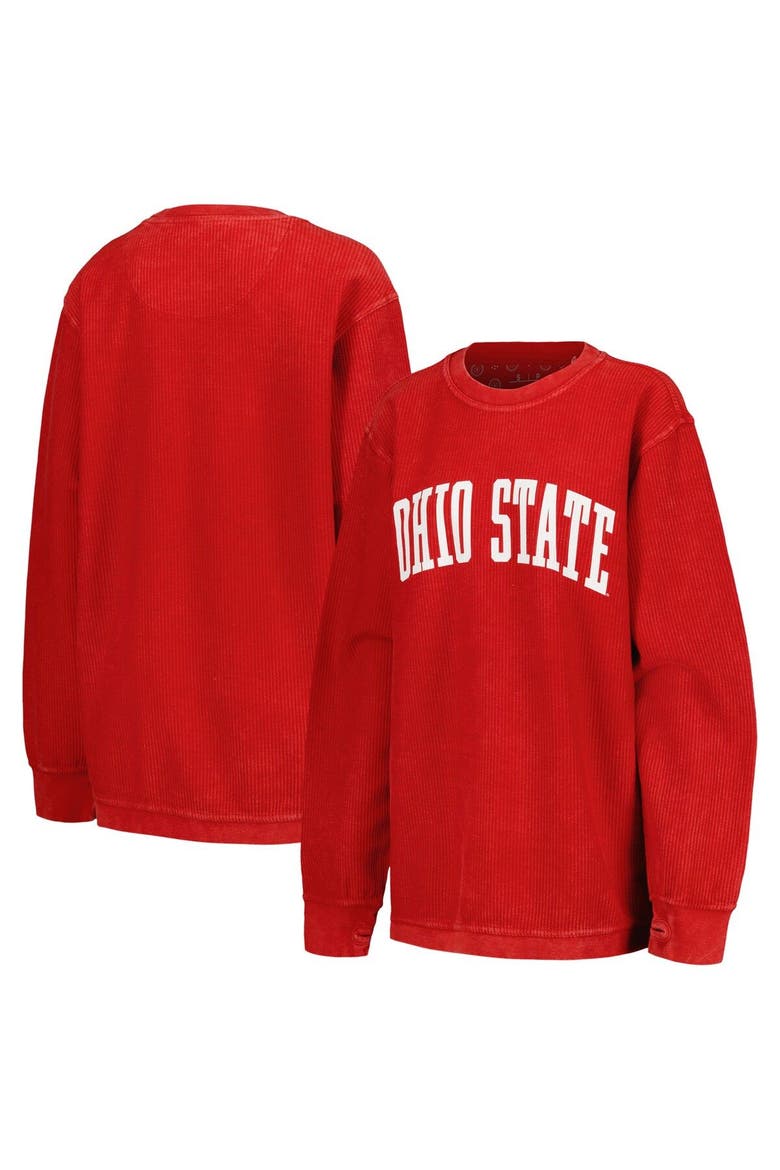 Women's Pressbox Scarlet Ohio State Buckeyes Comfy Corded Vintage Wash Basic Arch Pullover Sweatshirt, Main, color, Scarlet