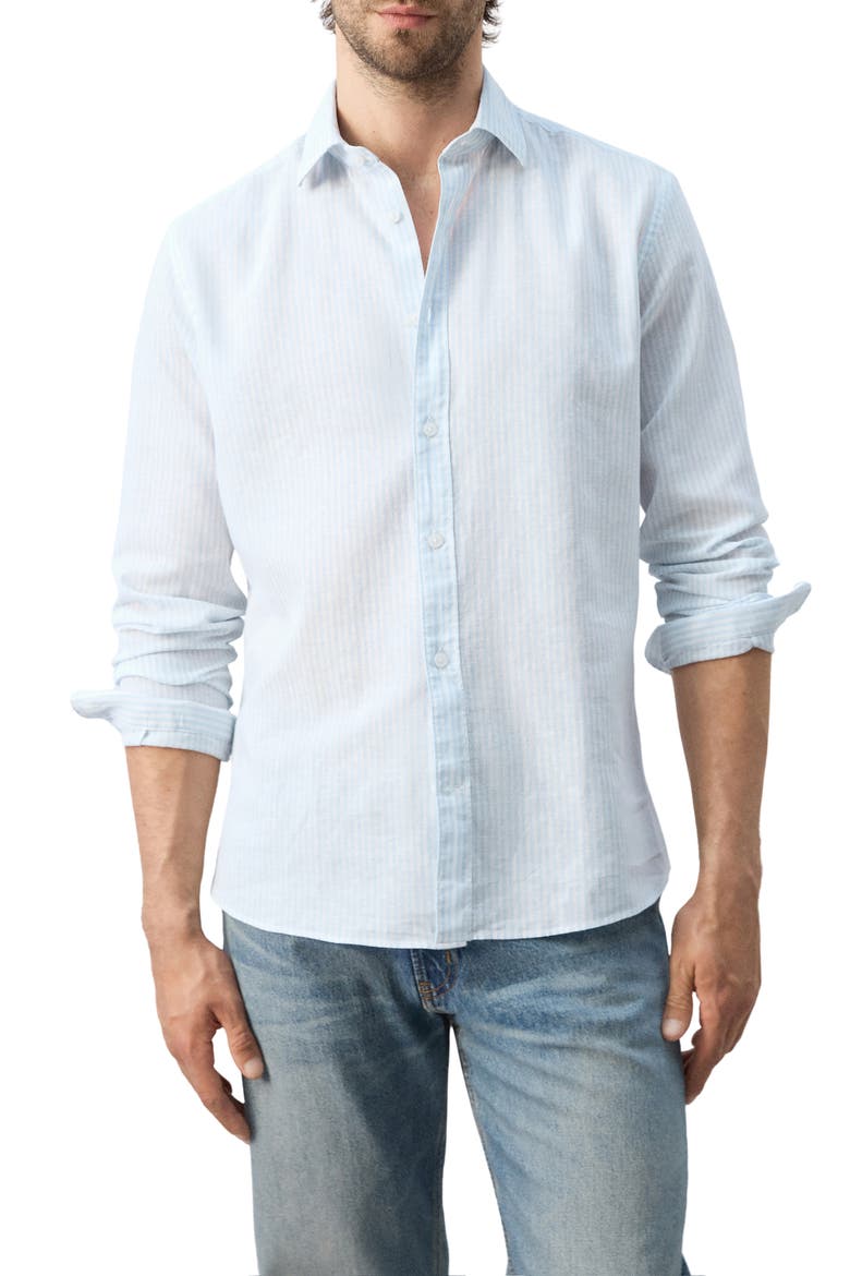 Regular Fit Stripe Cotton & Linen Button-Up Shirt, Main, color, SKY BLUE