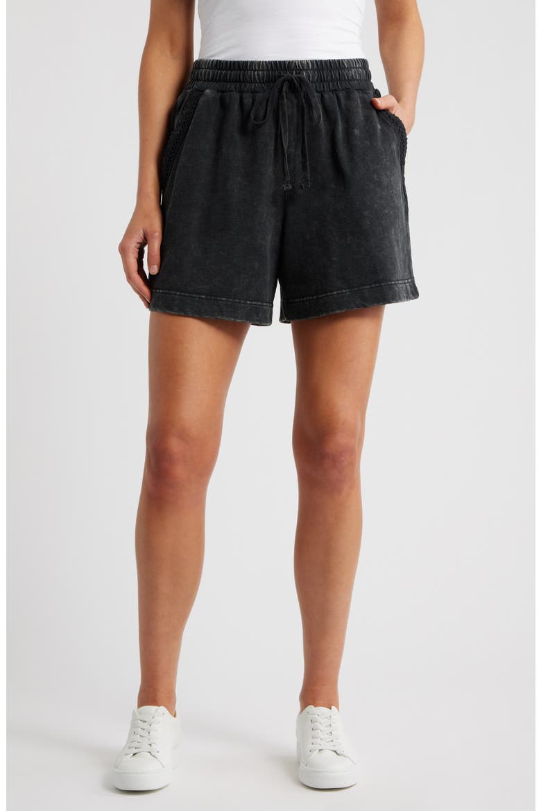 Crochet Accent Cotton Knit Shorts, Main, color, BLACK