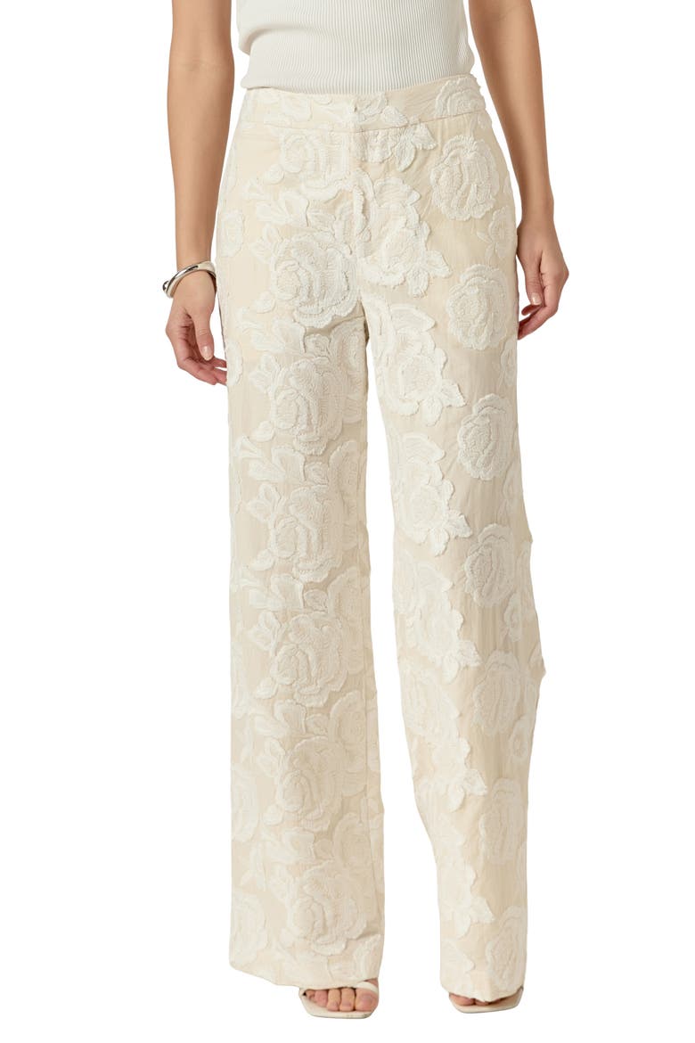 Floral Embroidered Wide Leg Cotton Pants, Main, color, CREAM