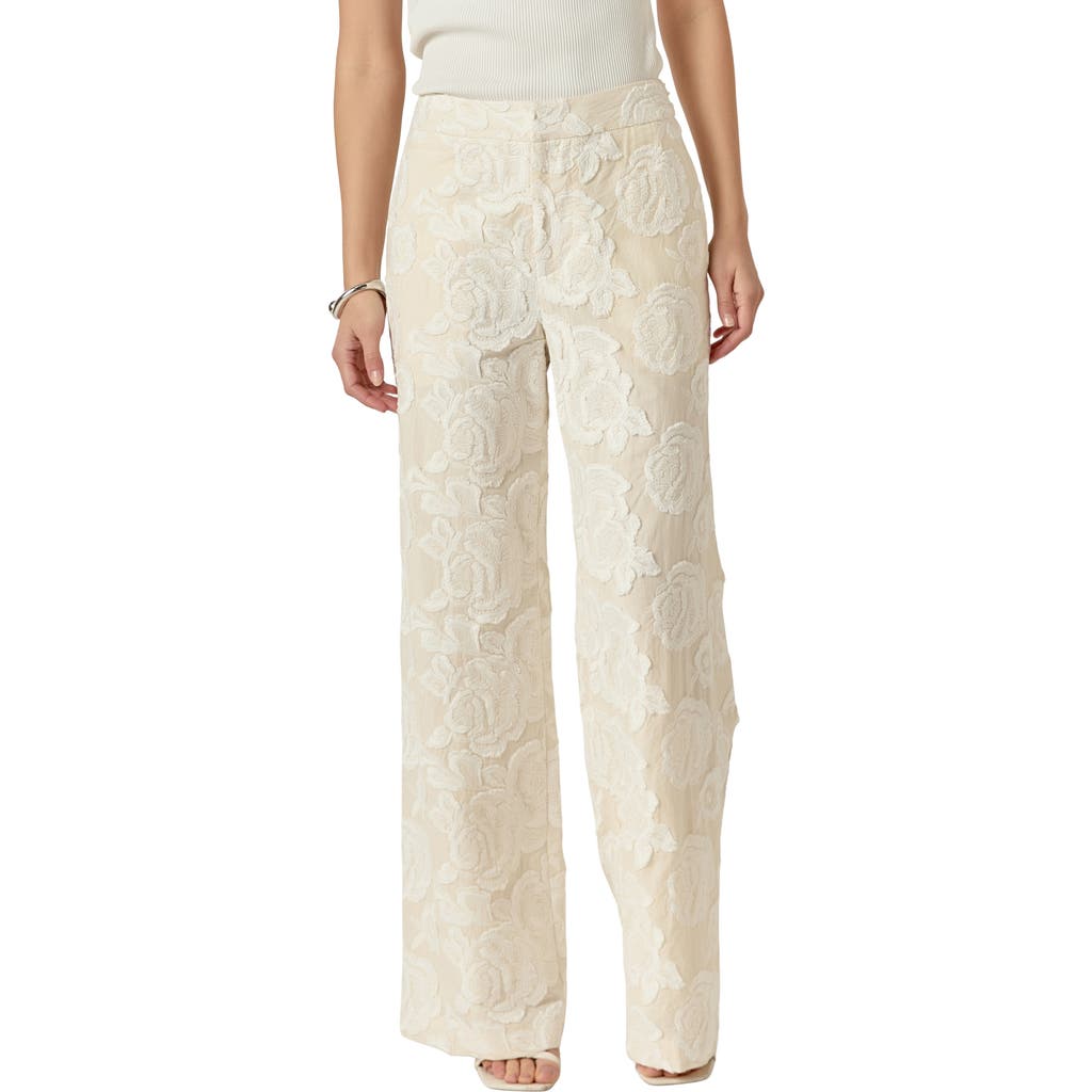 Endless Rose Floral Embroidered Wide Leg Cotton Pants In Cream
