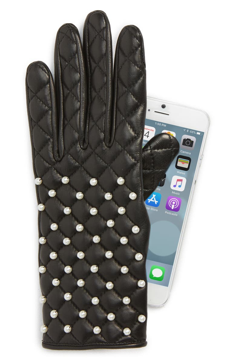 Agnelle Imitation Pearl Quilted Lambskin Leather Gloves, Alternate, color, 