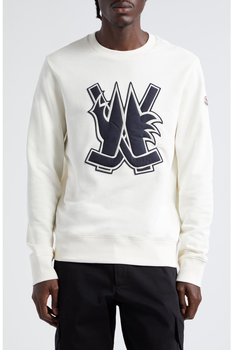 Hockey Appliqué Cotton Crewneck Sweatshirt, Main, color, BRIGHT WHITE